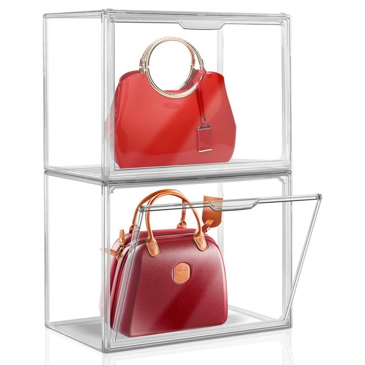 Photo 1 of 2PCS Clear Plastic Organizer for Handbags, Storage Box with Magnetic Door for Autographed Footballs, Memorabilia, Bag, Shoe, Models, Toy, Action Figure Organizer