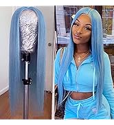 Maycaur Light Blue Lace Front Wigs Long Straight Hair 22 Inch Wigs for Fashion Women Synthetic La...