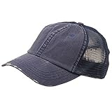 Wholesale Low Profile Unstructured Herringbone Cotton Twill Distressed Mesh Trucker Caps (Navy) - 19777