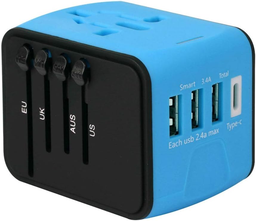 International Travel Adapter, All in One Universal Power Adapter USA to Europe, Germany, England, Australia, China,150 Countries 3usb+Type C (Blue)