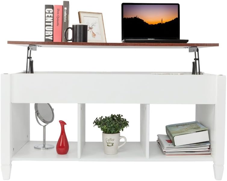 Takefuns Lift Top Coffee Table Modern Furniture Hidden Compartment and Lift Tabletop Brown White