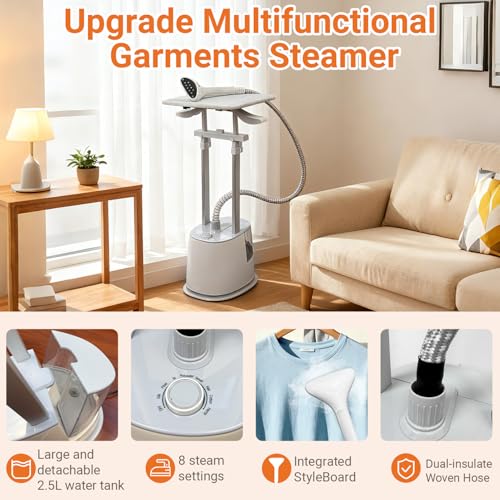 2000W Garment Steamer and Clothes Steamer with Stand, 2.5L Tank, Fast Heat-Up, 70-Min Continuous Steam, Vertical Steamer for All Fabrics