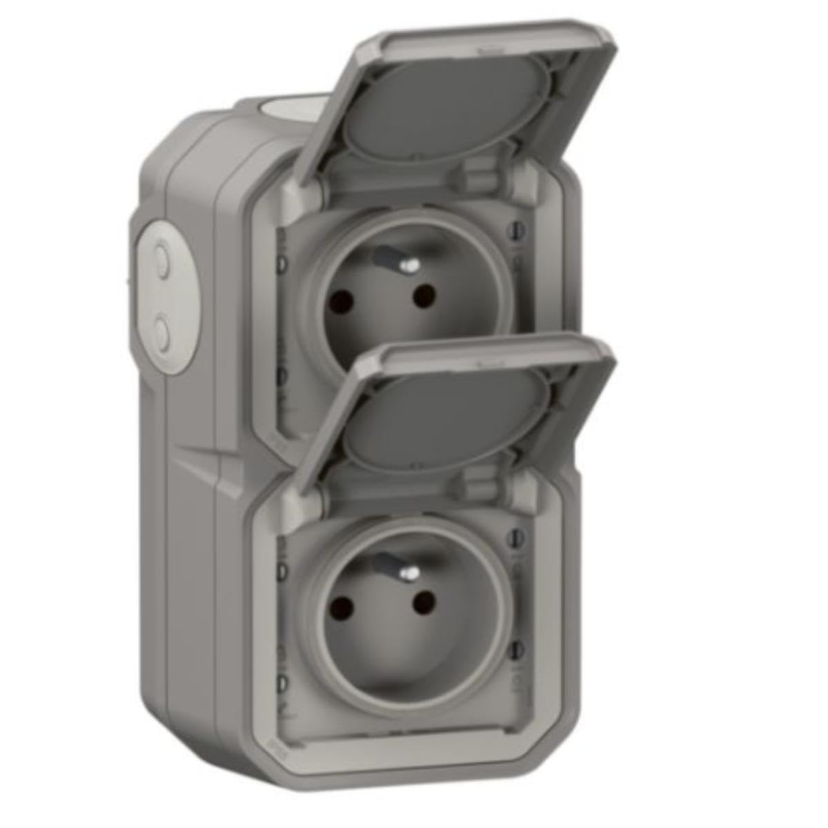 Legrand - Double socket with earthing contact, waterproof, pre-wired, with plexiglass surface, 16 A, 250 V, delivered complete for mounting in vertical surface, grey