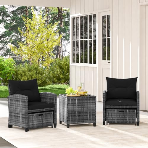 Tangkula 5 Piece Patio Rattan Furniture, Wicker Cushioned Chairs Set with 2 Ottomans & Tempered Glass Coffee Table, for Poolside, Backyard, Lawn, Deck