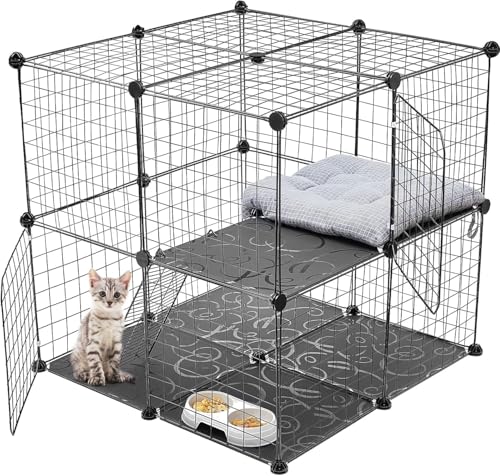 2 Tier Large Cat Cage Crate DIY Pet Playpen Detachable Dense Metal Wire Ferret Cage Indoor Cat Kennels for Kitten Puppy Bunny Exercise (Black, 27.56 x 27.56 x 27.56 Inches)