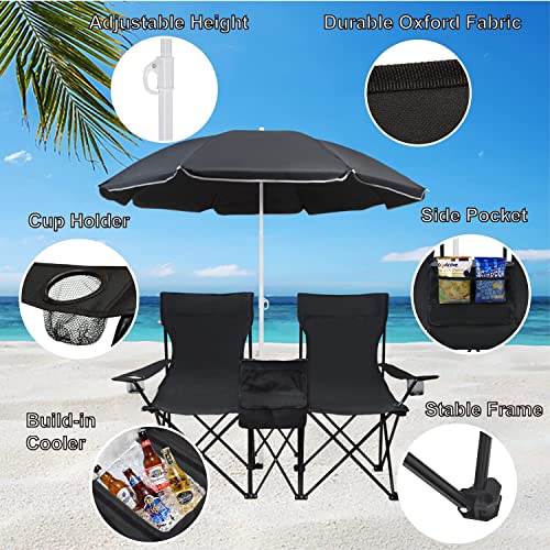 LEADALLWAY Double Camping Chair with Parasol Portable Folding Lawn