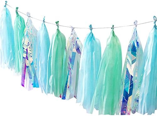 15 Pcs 14 Inches Tissue Paper Tassel Garland Rainbow Shine Sky Blue Glass Green Tassel Garland Iridescent Decorations for Birthday Baby Showers Gender Reveal Home Decor Nursery Decor (Rainbow Film)