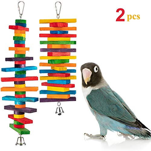 Coppthinktu Bird Toys, 2 Pack Parrot Bird Chew Toy with Bell, Parrot Bird Chew Toy Multicolored Wooden Block Bite Toys, Wooden Block Bird Parrot Toys for Small and Medium Birds