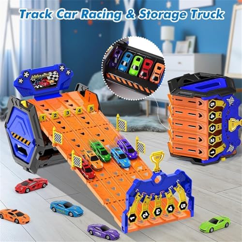 AM ANNA Toddler Toys for 3 4 5 6 Years Old Boys Birthday Gift, Portable Race Track Truck Toy Car with 5 Race Cars & 5 Tracks Transport, Best Gift Carrier Truck Vehicles Toys Set for Kids,Truck Car
