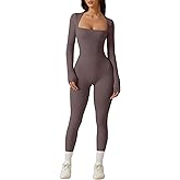 QINSEN Womens Sexy Square Neck Long Sleeve Full Length Leggings Bodycon Stretch Jumpsuit