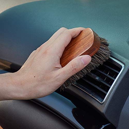 Jscarlife Horsehair Shoe Shine Brush - 100% Soft Genuine Horse Hair Bristles - Unique Concave Design Wood Handle - Comfortable Grip, Anti Slip - for Boots, Shoes & Other Leather Care