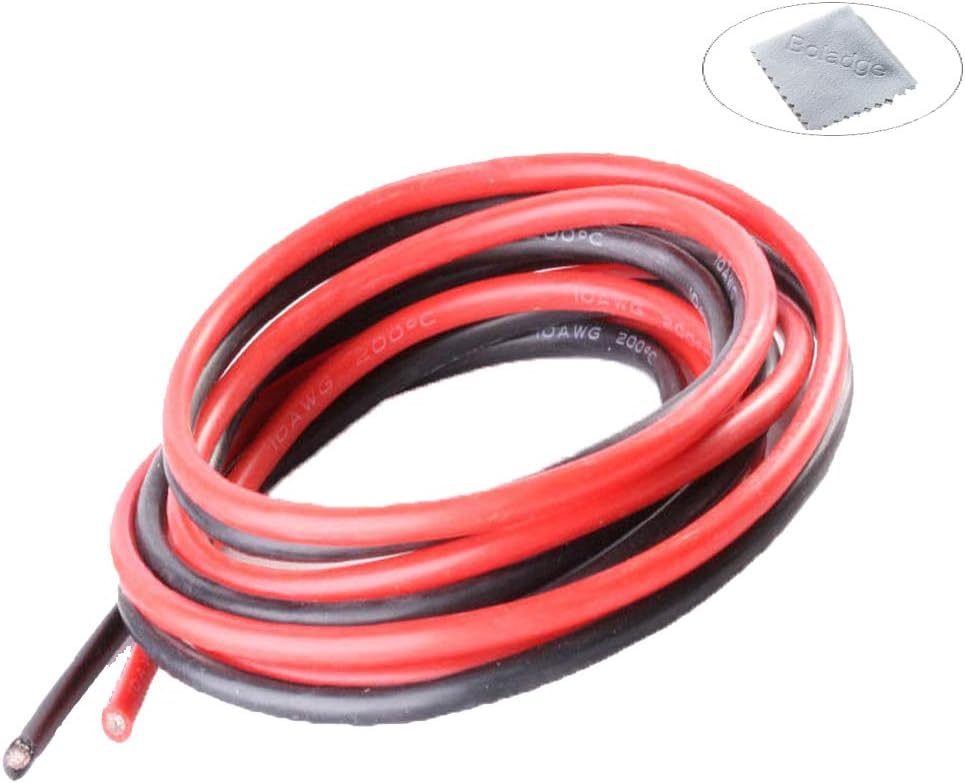 B012 2 Meter Pure Silicone Wire 10AWG Power Cable Battery Cable Tinned Copper Wire 10 Gauge RC Cable Lead (1 Meter in Black and 1 Meter in Red) (10AWG)