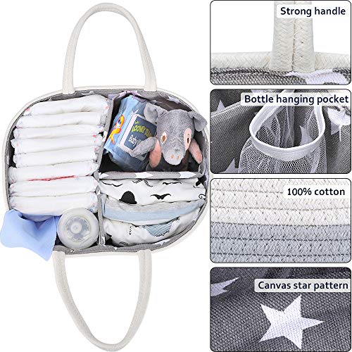 Mebbay Baby Diaper Caddy Organizer, Cotton Rope Storage Basket, Nursery Storage Bin for Changing Table and Car, Detachable Partition with Bottle Holder, Gray