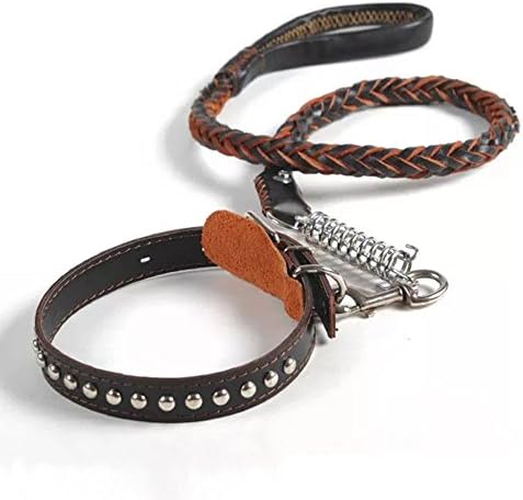 Kromi Leather Dog Collar and Leash, Braided Pet Training Leashes 4 Foot for Medium Large Dogs Heavy Duty Lead Belt with Buffer Spring