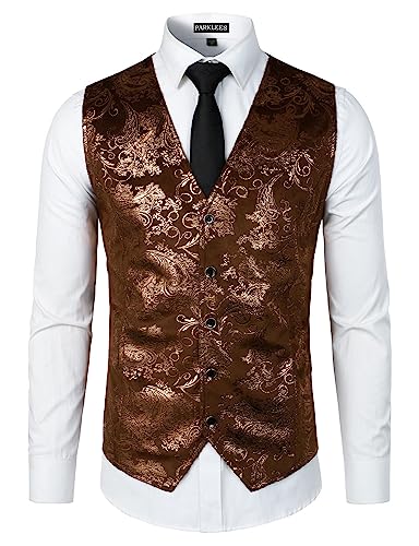 PARKLEES Luxuriöse Herren-Weste, metallisches Paisleymuster, goldfarben, glänzend, für Hochzeit, Abschlussball, Party, Anzug oder Smoking, braun, 3XL