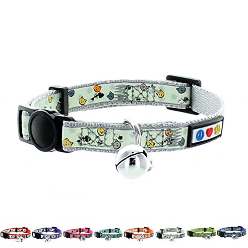 Pawtitas Pet Glow In The Dark Cat Collar with Safety Buckle and Bell Grey Hook