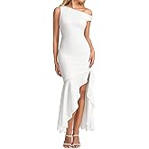 URYIAO Women Ruffle Bodycon Maxi Dress One Shoulder Slit Long Formal Wedding Guest Cocktail Dresses