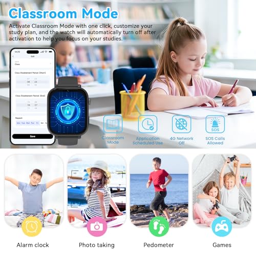 4G Smartwatch Bambini, Orologio Smartwatch Bambini con GPS SOS Videochiamata Chat Vocale Modalità Classe Fotocamera Calcolatrice Contapassi, Smart Watch Bambino Bambina 4-12 Anni Regalo, Nero