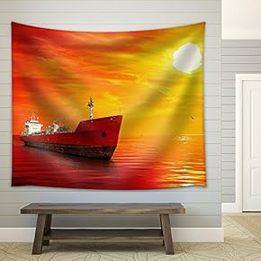 Silhouette of The Tanker Ship on red Sunrise. - Fabric Wall Tapestry Home Decor - 51x60 inches