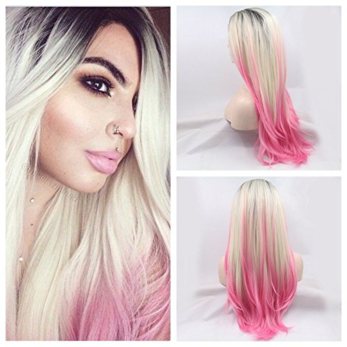 Xiweiya ombre black blonde to pink nature wave hair wigs synthetic lace front wig heat resistant fiber three tone women wig
