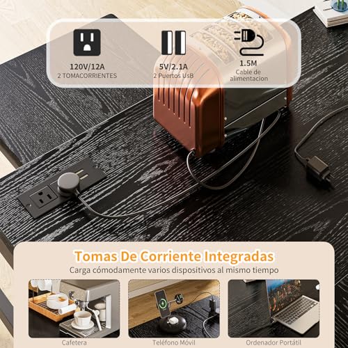 Simple Wisdom Barra Desayunador para Cocina,Barra de Cocina Convertible en Forma de L con Tomas de Corriente,Barras para Cocinas Pequeña de 3 Piezas y 2 Taburetes,Juego de Mesa de Bar(Color Negro)