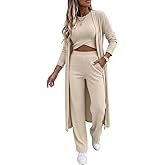 CHICME Women's 3 Piece Lounge Set Ribbed Cardigan Tank Wide Leg Pant | Soft Warm Material, Comfy Pajamas Set, Versatile 3 Pc Travel Outfits for Women, Casual Pants Set for Airport Vacation Fall