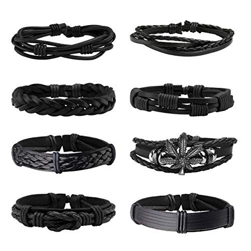 Manfnee 8PCS Braided Faux Leather Bracelet Punk Cuff Wrap Bracelets for Men Women Adjustable Black