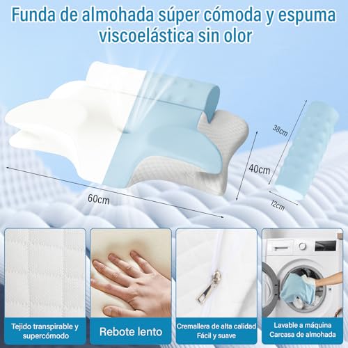 lemonsea Almohada Memory Foam, Almohada Cervical 2 en 1 para Aliviar el Dolor de Cuello, Almohada Ortopédica Ergonómica para Boca Arriba y Boca Abajo, con Funda Almohada (Azul)