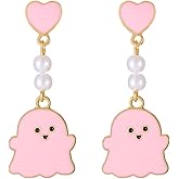 Halloween Ghost Earrings for Women Funny White Pearl Dangle Earrings Cute Pink Heart Ghost Drop Earrings Fashion Enamel Memorial Earrings Holidays Costume Jewelry Accessories