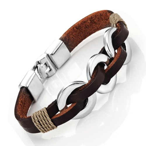 Chic braided brown genuine leather bracelet with stainl…