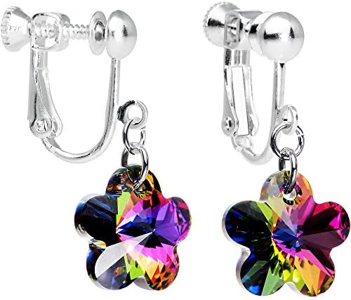 Handcrafted Vitrail Flower Clip Earrings Created with Swarovski Crystals