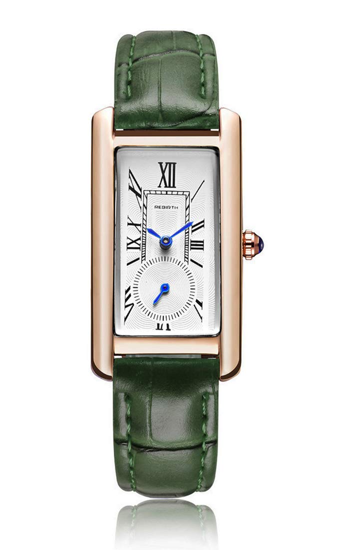 Women Quartz Watch Lady Stylish Rectangle Dress Watch with Leather Strap and Blue Crystal Crown, Rose Green, Stylish, Vintage, Fashion