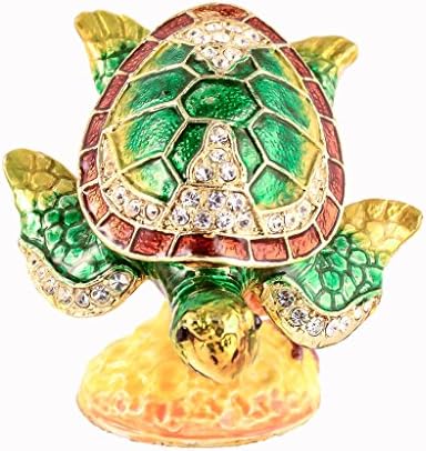 Sea Turtle on Branch Trinket Box, Hand Set Swarovski Crystal, Hand Painted Green Enamel Over Solid Pewter Base, Inside of Box with Lovely Enamel, Comes in Beautiful Gift Box, L 2.00 X H 2.00 X w 2.25