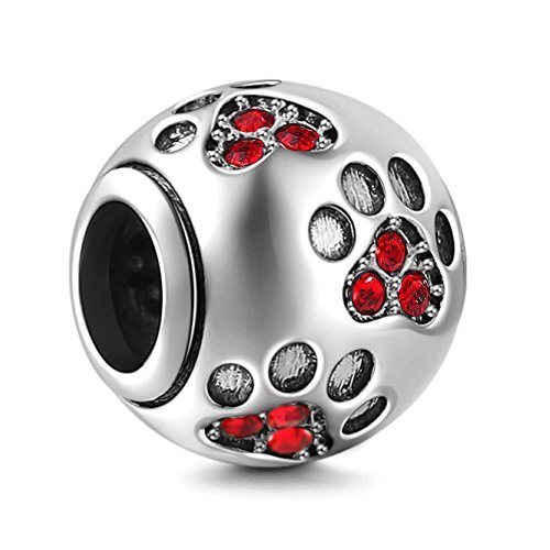 CHAWIN Jewelry Paw Prints Solid 925 Sterling Silver Charm with Red Crystal Designs Ball Shape European Style Beads and Charms