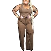 2 Piece Outfits for Women Pure Color Sleeveless Ribbed Knit Tank Top Ripped Wide Legs Long Pants Tracksuit Sport Set