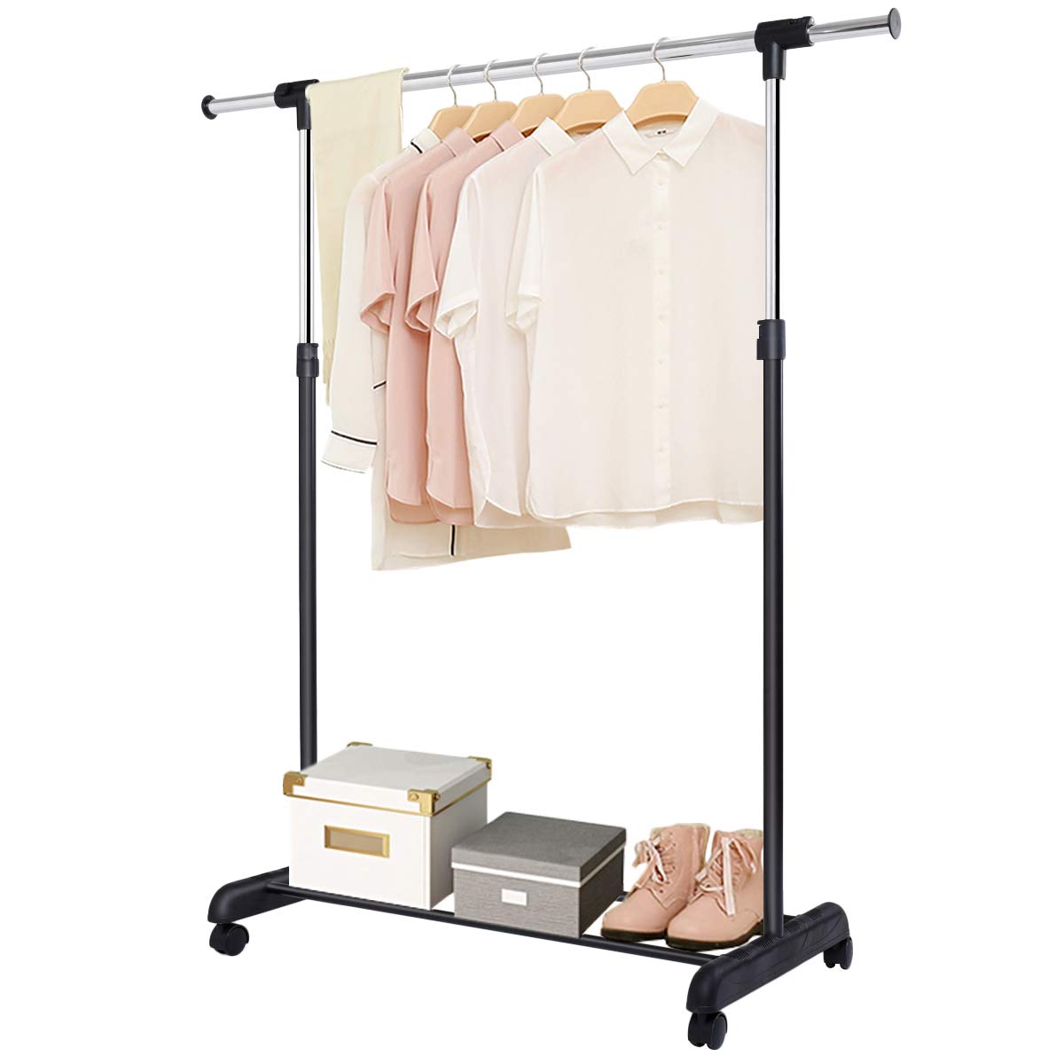 Multigot Garment Rack, Single/Double Adjustable Clothing Rail Coat Stand with Storage Shelf and Wheels, Mobile Clothes Hanging Rack with Storage Shelf for Living Room