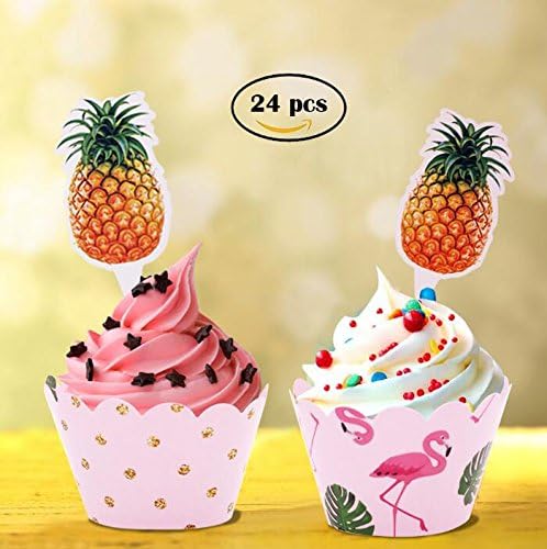 24pcs Pineapple Flamingo Cupcake Toppers + 24pcs Double Sided Paper Cupcake Wrappers for Kids Party Cupcake Decorations
