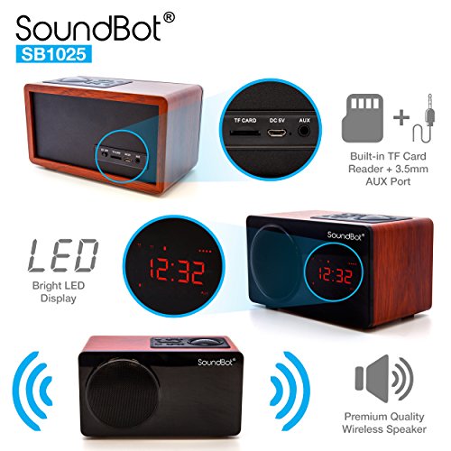 SoundBot SB1025 Alarm Clock FM Radio Bluetooth Wireless Portable Speaker w/ Acoustic 76mm Premium 7w Driver, 6Hrs Music Streaming, Built-in Battery, 3.5mm Aux Port LED Display