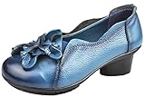 CUNZHAI Women's Genuine Leather Slip On Round Toe Low Chunky Heel Pumps