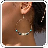 Aneneiceera Vintage Wooden Bead Circle Dangle Earrings Exaggerate Hollow Hoop Earrings Large Circle Earrings Ethnic Bead Drop Earrings Jewelry for Women