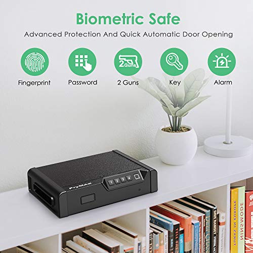 PRYMAX Biometric Gun Safe, Smart Handgun Safe with 4 Digits Code, Quick Fingerprint Access Gun Box with Auto-Open lid, 2 Pistol Capacity, Gun Cabinet for Home, Personal and Car Security