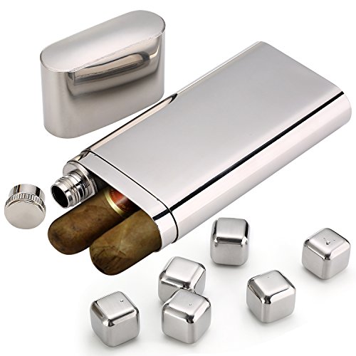 Stainless Steel Chilling Rocks / Stones (8) + Dual Cigar Flask (1) [Gift Set] + Funnel (1) + Tongs (1) [FDA Approved] - Thumbnail 4