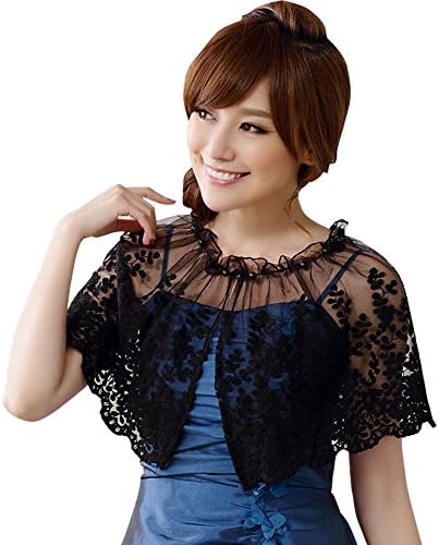JK2 Women's Neck Beads Flowers Lace Organza Shrug Bolero Jacket Size F US Black
