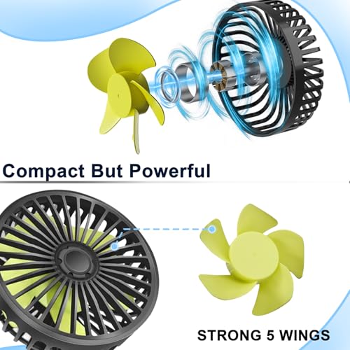 Qidoe USB Car Fan for Rear Seat and Kids with 3 Speeds and 360° Rotation Compatible with Cars, SUV, Truck, Caravan, Boat, Motorhome
