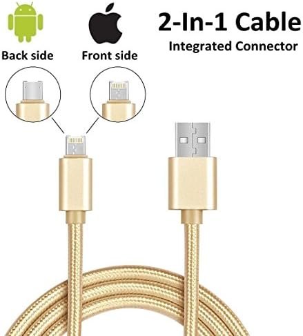 iPhone Lightning + Android Micro USB Universal 2-in-1 Charger Cable Braided Fast Adapter Cord, Front Side for iPhone iPad Back Samsung HTC LG Moto Huawei 3.3 ft (Gold)