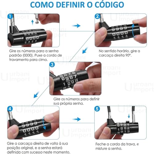 Cadeado Cabo de Aço com Segredo, 4 Dígitos, Carcaça de Liga de Zinco, Alta Resistência, para Armário, Mala e Bicicleta