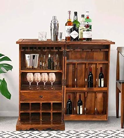 Variety Wood Sheesham Wood Bar Cabinet With Wine Glass Storage For