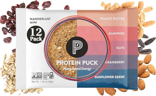 Protein Puck Vegan Plant based Protein Bar – Natural Healthy Snack Bars, 12 Count, 1.34oz Mini, Gluten Free, Dairy Free, No GMO, Kosher – Wanderlust – Peanut Butter, Oats, Cranberry, Sport Nutrition