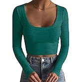 Artfish Women's Square Neck Long Sleeve Ribbed Slim Fitted Casual Basic Crop Top
