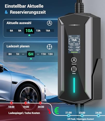 Mobile Wallbox 11 kW Type 2 Charging Cable - 7 m | 6-16 A | 3-Phase EV Charger Waterproof with Adjustable Charging Power, Setting Start Time, CEE 16A to Type 2 Charging Cable, for All EVs (IEC 62196-2) & PHEVS